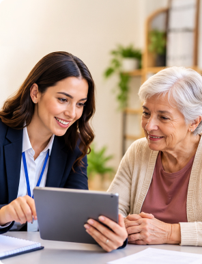 Caregiver helping an older adult use a tablet