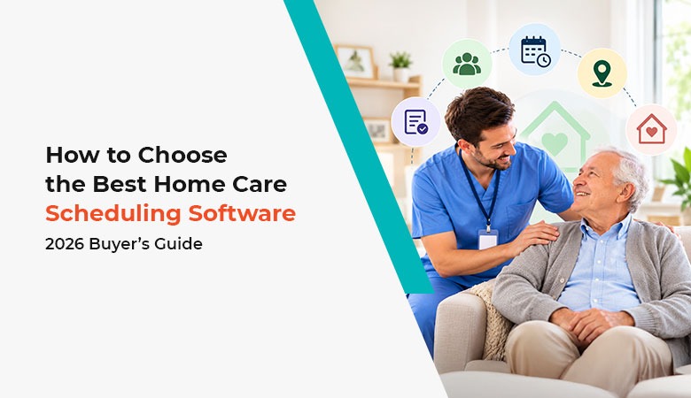 Caregiver and senior client with home care scheduling software icons