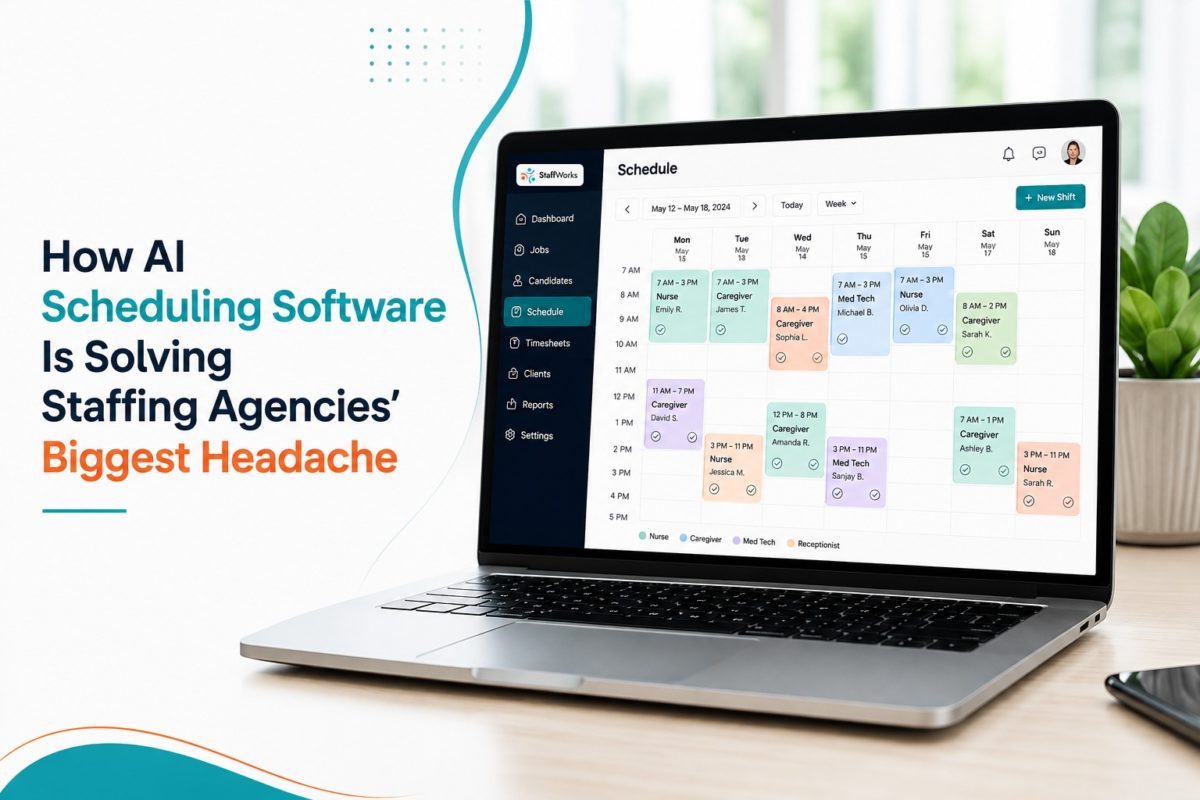 AI scheduling software for staffing agencies showing automated shift assignments and GPS-verified clock-in dashboard